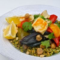 Lemony herbed farro with summer vegetables and halloumi